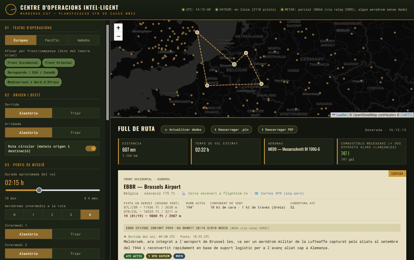 Centre d'Operacions Intel·ligent — mapa tàctic WWII amb 760 aeròdroms i ruta de vol